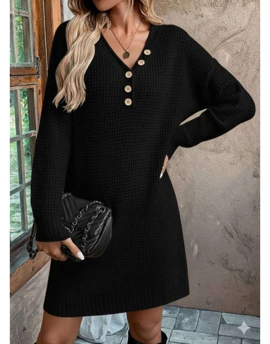 Kadın Uzun Kollu V Yakalı Düğmeli Mini Triko Elbise
