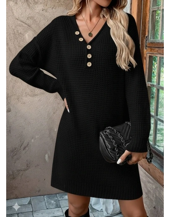 Kadın Uzun Kollu V Yakalı Düğmeli Mini Triko Elbise