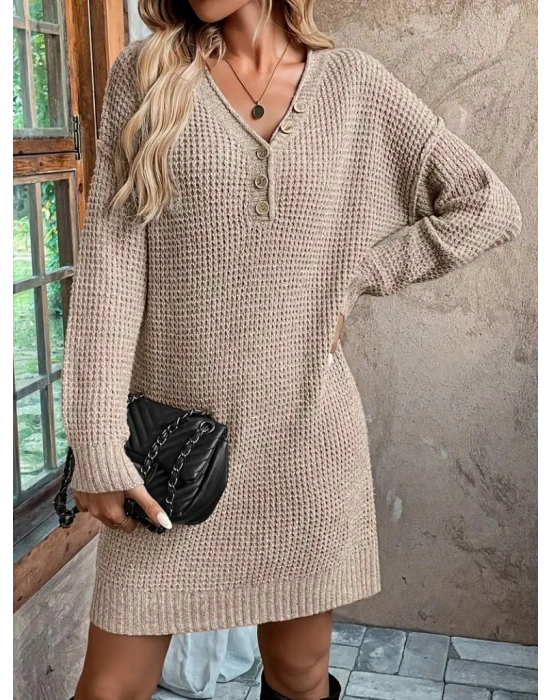 Kadın Uzun Kollu V Yakalı Düğmeli Mini Triko Taş Renkli Elbise