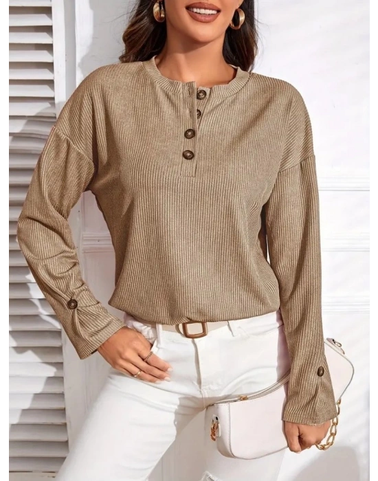 Kadın Uzun Kollu V Yakalı Düğmeli Salaş şardonlu Kaşkorse Bluz