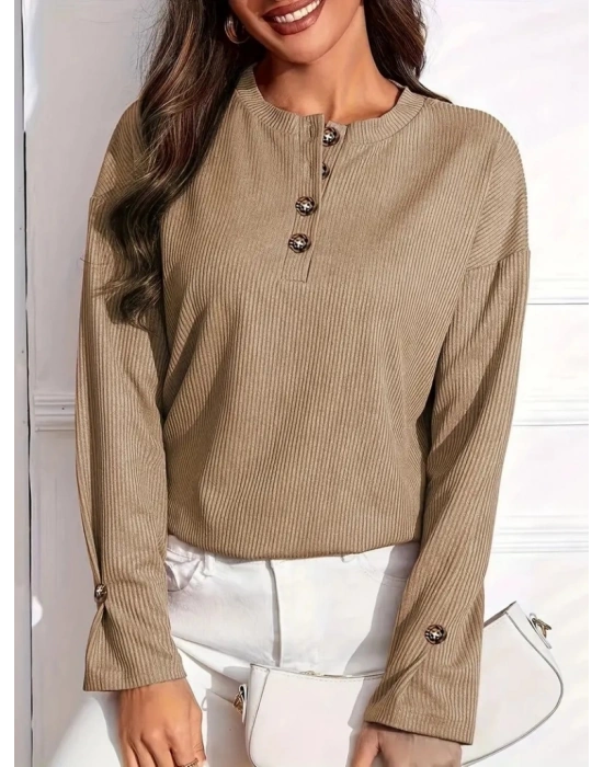 Kadın Uzun Kollu V Yakalı Düğmeli Salaş şardonlu Kaşkorse Bluz
