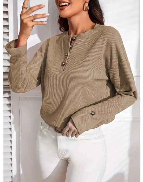 Kadın Uzun Kollu V Yakalı Düğmeli Salaş şardonlu Kaşkorse Bluz
