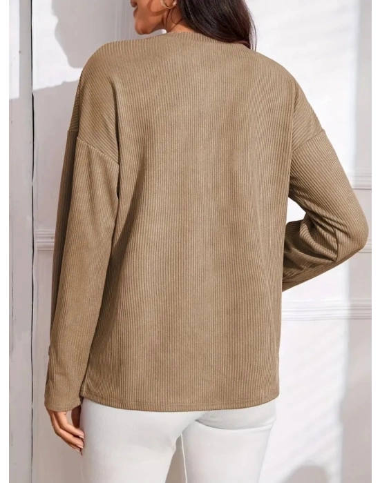 Kadın Uzun Kollu V Yakalı Düğmeli Salaş şardonlu Kaşkorse Bluz