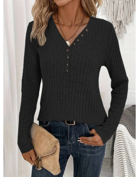 Kadın Uzun Kollu V Yakalı Düğmeli şardonlu Kaşkorse Bluz