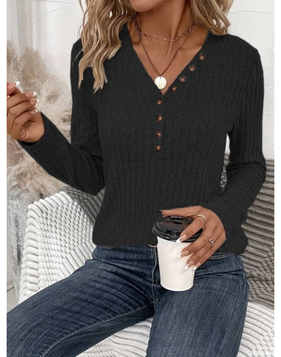 Kadın Uzun Kollu V Yakalı Düğmeli şardonlu Kaşkorse Bluz