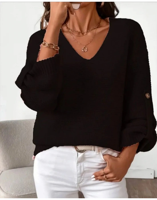 Kadın Uzun Kollu V Yakalı Düğmeli Triko Bluz