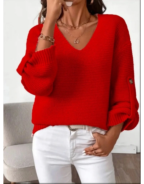 Kadın Uzun Kollu V Yakalı Düğmeli Triko Bluz