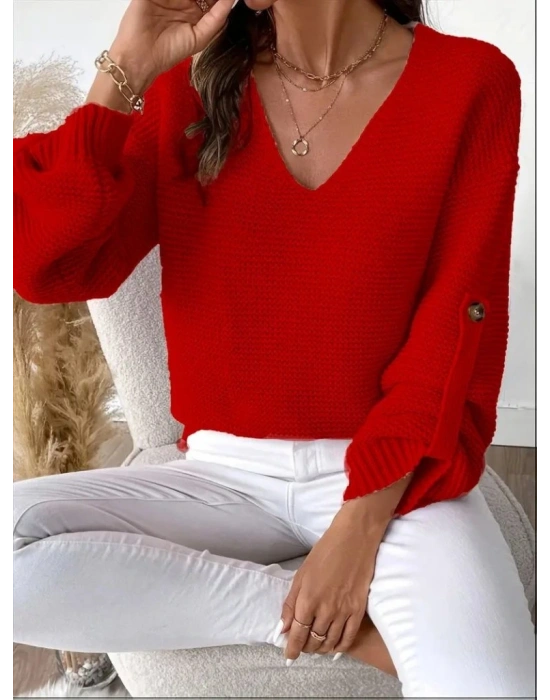 Kadın Uzun Kollu V Yakalı Düğmeli Triko Bluz