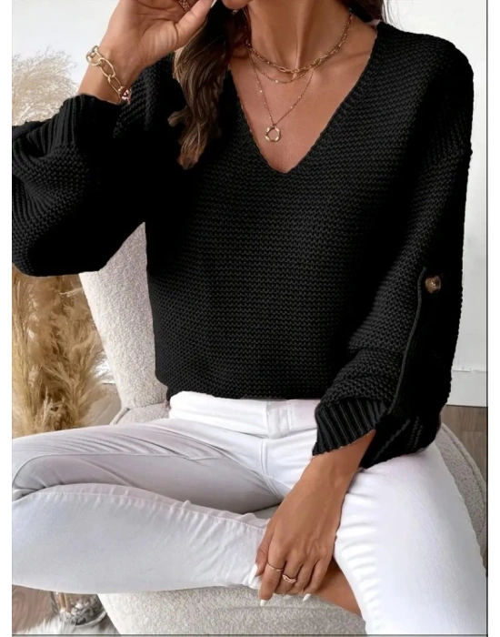 Kadın Uzun Kollu V Yakalı Düğmeli Triko Bluz