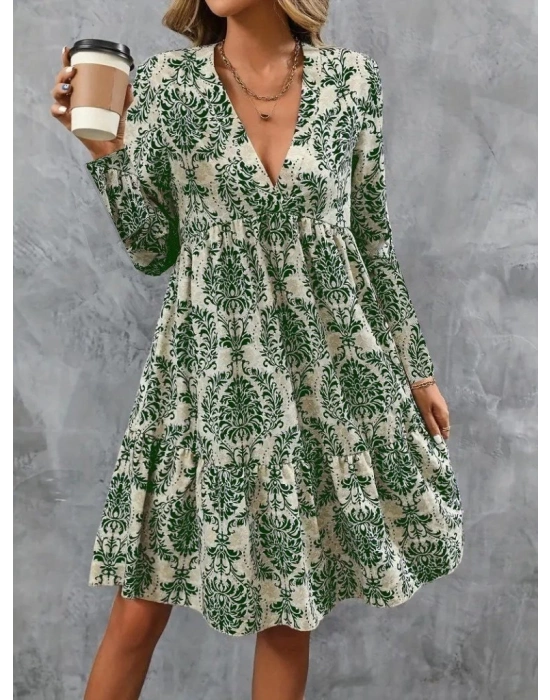 Kadın Uzun Kollu V Yakalı Fırfırlı Mini Süprem Elbise