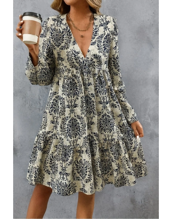 Kadın Uzun Kollu V Yakalı Fırfırlı Mini Süprem Elbise