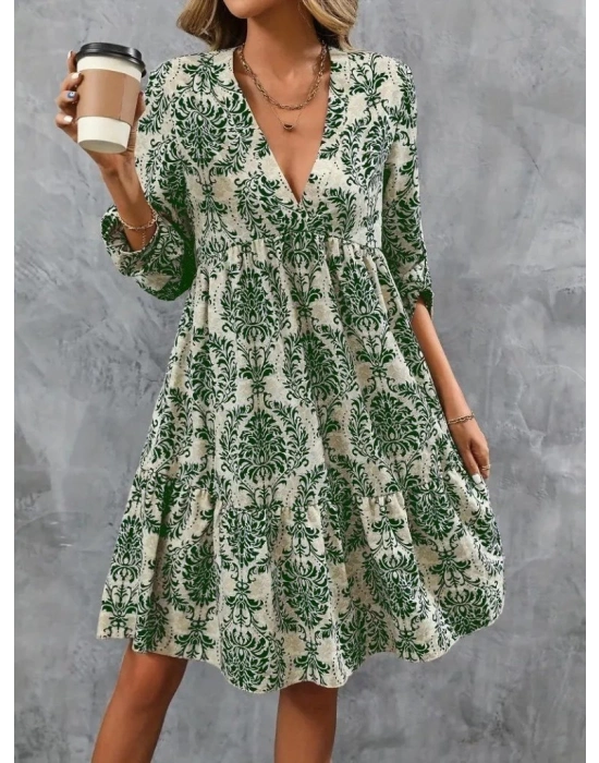 Kadın Uzun Kollu V Yakalı Fırfırlı Mini Süprem Elbise