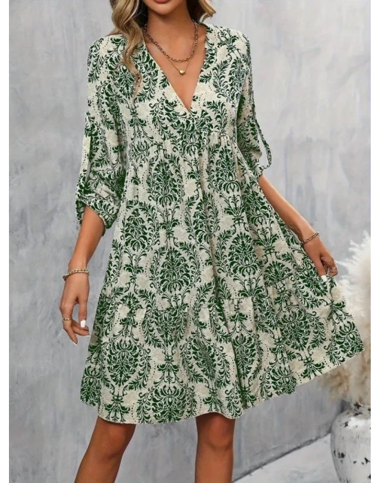 Kadın Uzun Kollu V Yakalı Fırfırlı Mini Süprem Elbise