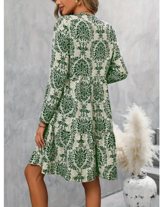 Kadın Uzun Kollu V Yakalı Fırfırlı Mini Süprem Elbise