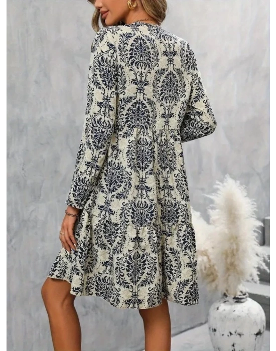 Kadın Uzun Kollu V Yakalı Fırfırlı Mini Süprem Elbise