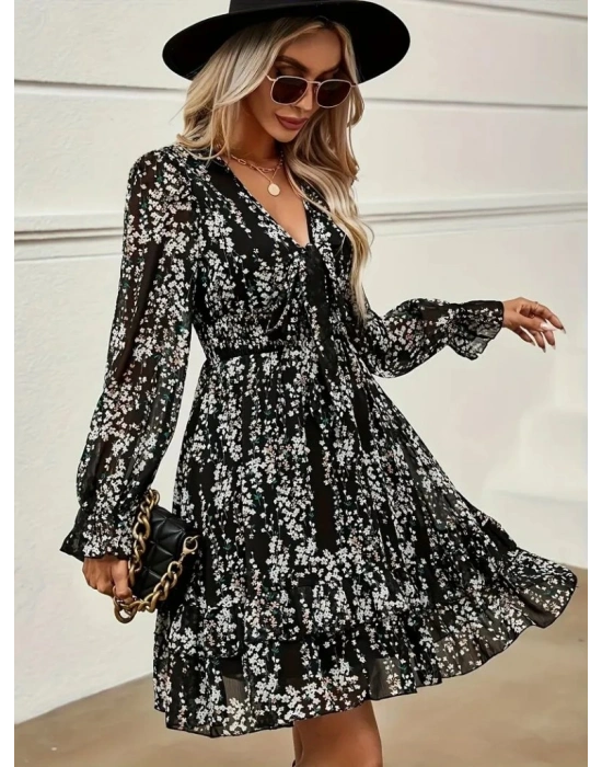 Kadın Uzun Kollu V Yakalı Fırfırlı Ve Bağcıklı şifon Mini Elbise