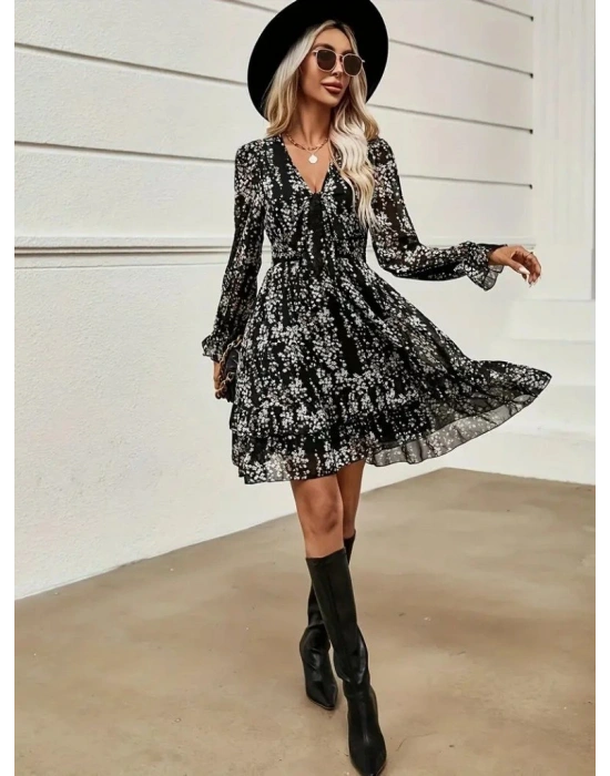 Kadın Uzun Kollu V Yakalı Fırfırlı Ve Bağcıklı şifon Mini Elbise