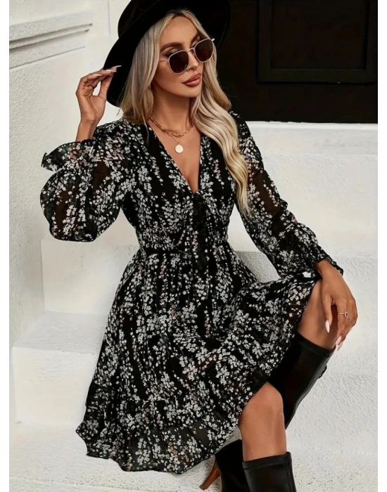 Kadın Uzun Kollu V Yakalı Fırfırlı Ve Bağcıklı şifon Mini Elbise