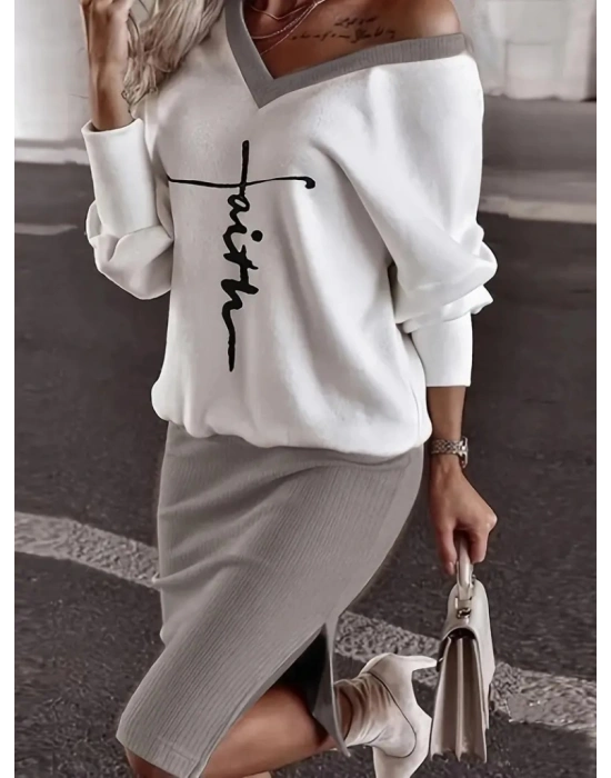 Kadın Uzun Kollu V Yakalı Iki Iplik Bluz Ve şardonlu Kaşkorse Etek Ikili Takım