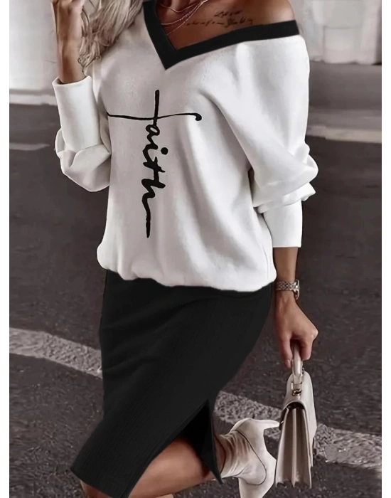 Kadın Uzun Kollu V Yakalı Iki Iplik Bluz Ve şardonlu Kaşkorse Etek Ikili Takım