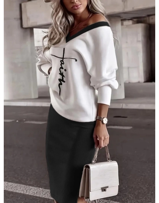 Kadın Uzun Kollu V Yakalı Iki Iplik Bluz Ve şardonlu Kaşkorse Etek Ikili Takım