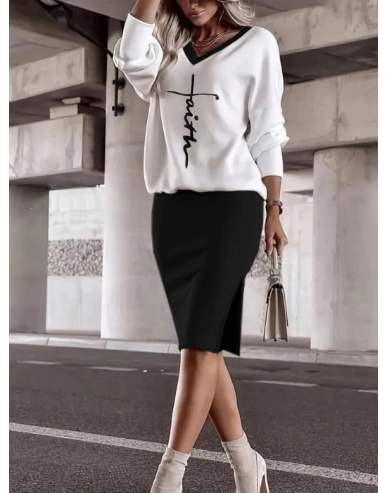 Kadın Uzun Kollu V Yakalı Iki Iplik Bluz Ve şardonlu Kaşkorse Etek Ikili Takım
