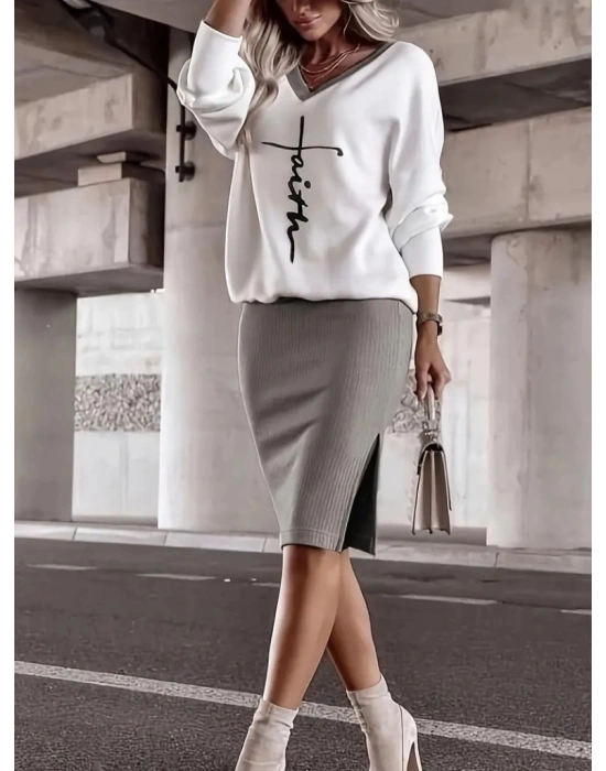 Kadın Uzun Kollu V Yakalı Iki Iplik Bluz Ve şardonlu Kaşkorse Etek Ikili Takım