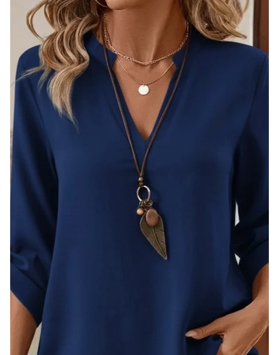 Kadın Uzun Kollu V Yakalı Ithal Krep Lacivert Bluz