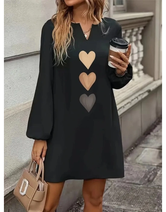 Kadın Uzun Kollu V Yakalı Kalp Desenli Mini Ithal Krep Elbise