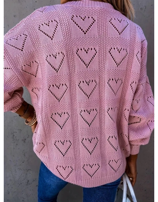 Kadın Uzun Kollu V Yakalı Kalpli Salaş Triko Bluz