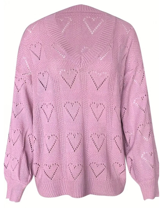 Kadın Uzun Kollu V Yakalı Kalpli Salaş Triko Bluz