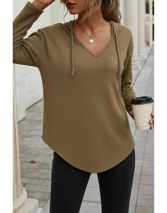 Kadın Uzun Kollu V Yakalı Kapşonlu Waffle Bluz
