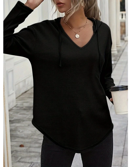 Kadın Uzun Kollu V Yakalı Kapşonlu Waffle Bluz