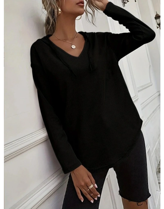 Kadın Uzun Kollu V Yakalı Kapşonlu Waffle Bluz