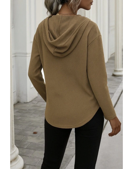 Kadın Uzun Kollu V Yakalı Kapşonlu Waffle Bluz