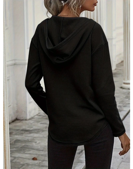 Kadın Uzun Kollu V Yakalı Kapşonlu Waffle Bluz