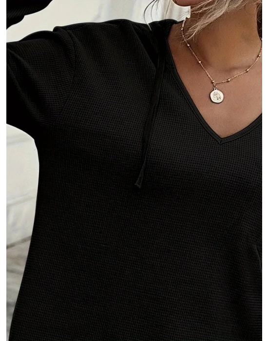 Kadın Uzun Kollu V Yakalı Kapşonlu Waffle Bluz