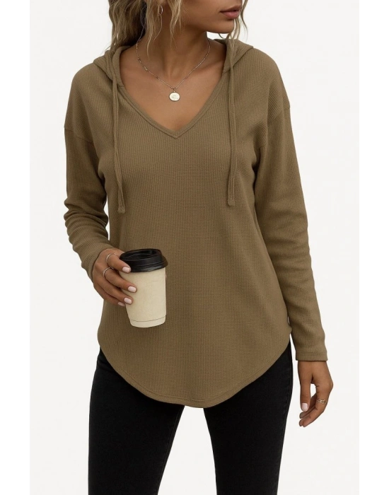Kadın Uzun Kollu V Yakalı Kapşonlu Waffle Bluz