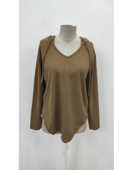 Kadın Uzun Kollu V Yakalı Kapşonlu Waffle Bluz