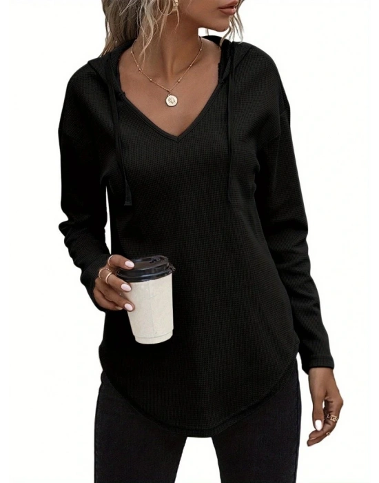Kadın Uzun Kollu V Yakalı Kapşonlu Waffle Bluz