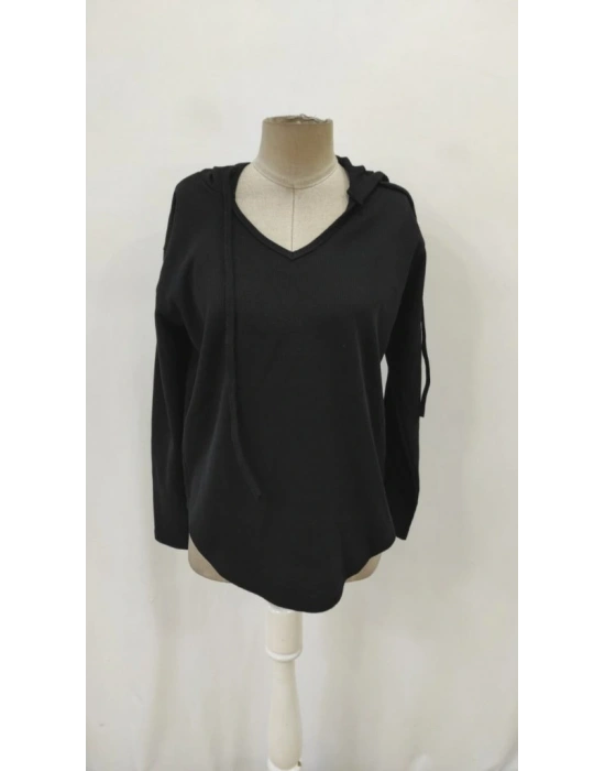 Kadın Uzun Kollu V Yakalı Kapşonlu Waffle Bluz