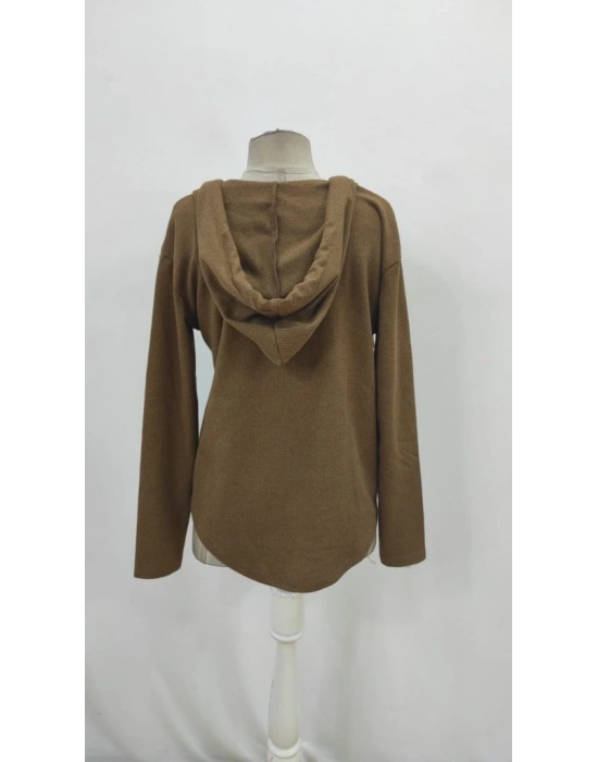 Kadın Uzun Kollu V Yakalı Kapşonlu Waffle Bluz