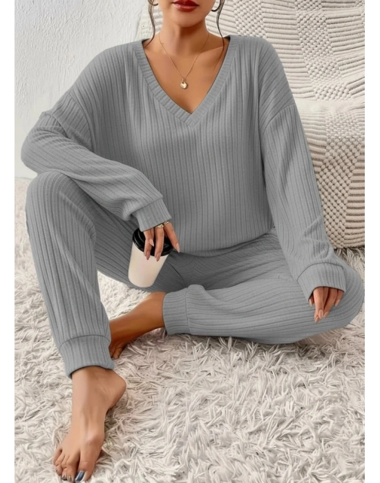 Kadın Uzun Kollu V Yakalı Kaşkorse Bluz Ve Pantolon Ikili Takım