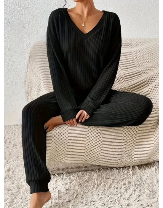 Kadın Uzun Kollu V Yakalı Kaşkorse Bluz Ve Pantolon Ikili Takım