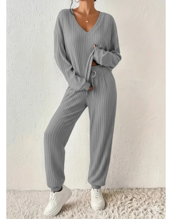 Kadın Uzun Kollu V Yakalı Kaşkorse Bluz Ve Pantolon Ikili Takım