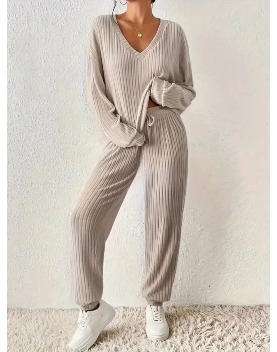 Kadın Uzun Kollu V Yakalı Kaşkorse Bluz Ve Pantolon Ikili Takım