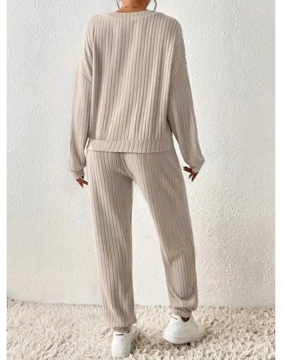 Kadın Uzun Kollu V Yakalı Kaşkorse Bluz Ve Pantolon Ikili Takım