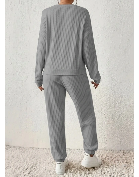 Kadın Uzun Kollu V Yakalı Kaşkorse Bluz Ve Pantolon Ikili Takım