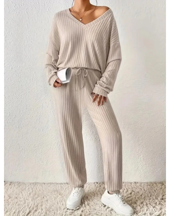 Kadın Uzun Kollu V Yakalı Kaşkorse Bluz Ve Pantolon Ikili Takım
