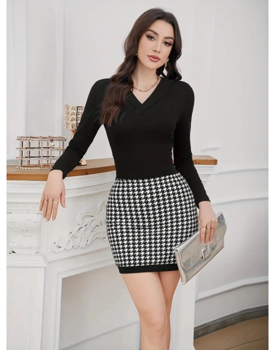 Kadın Uzun Kollu V Yakalı Kaz Ayağı Desenli şardonlu Dalgıç Elbise